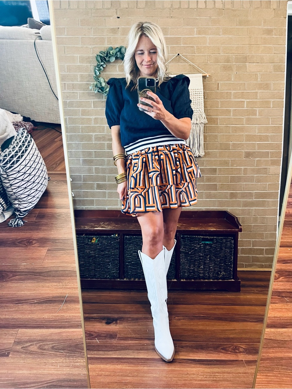 Geometric Print Tiered Mini Skirt in Orange and Navy